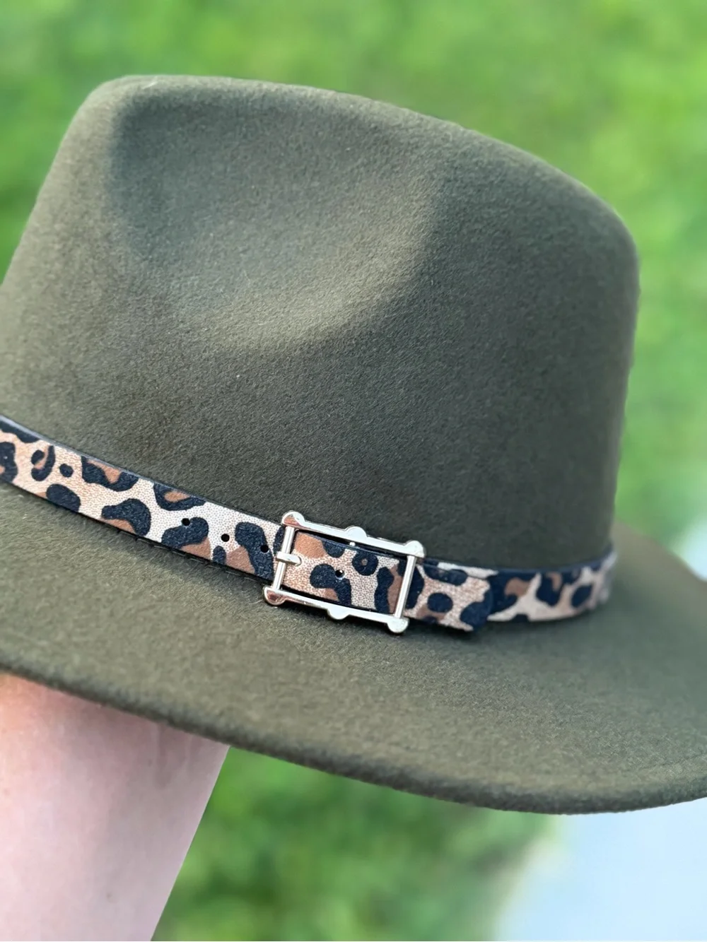 Olive Felt Fedora Hat with Leopard Accent Band